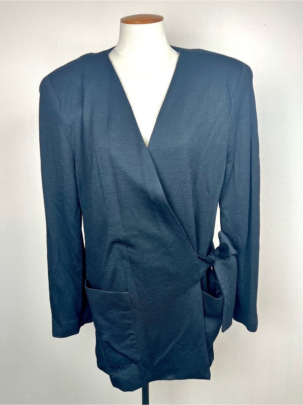 Vintage 80s Stephanie Queller Black Wool Knit Jacket Side Tie Large